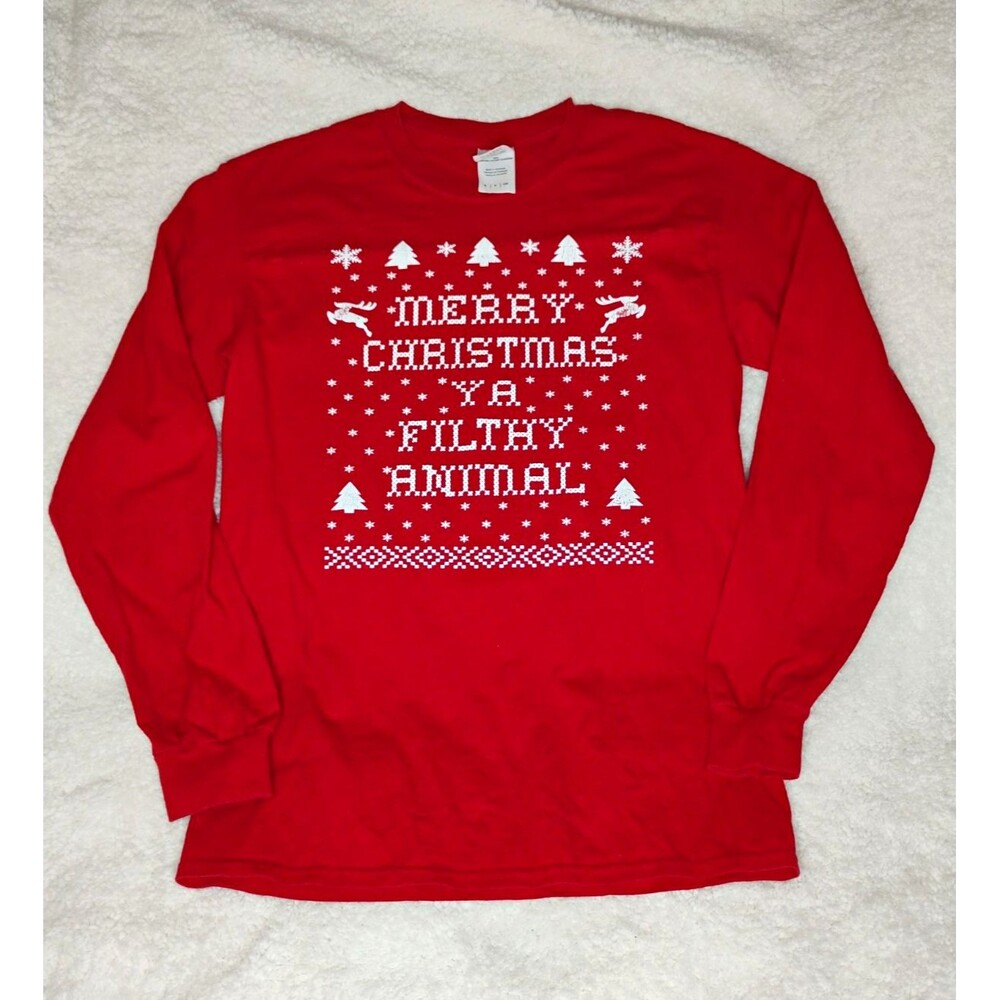 Gildan Ultra Cotton Red Long Sleeve Christmas Graphic Crew Neck T-Shirt Sz S